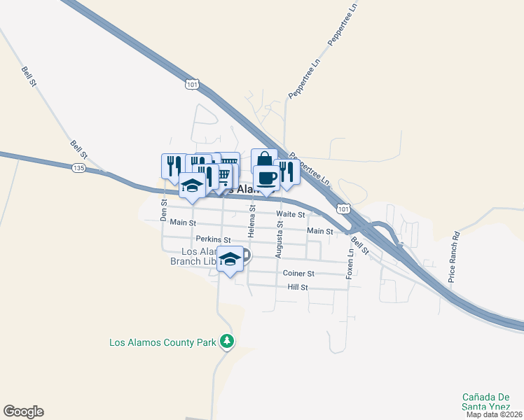 map of restaurants, bars, coffee shops, grocery stores, and more near 270 Helena Street in Los Alamos