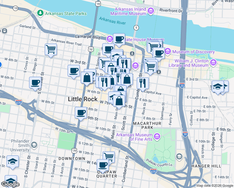 map of restaurants, bars, coffee shops, grocery stores, and more near 101 East Capitol Avenue in Little Rock