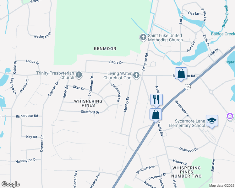 map of restaurants, bars, coffee shops, grocery stores, and more near 12500 Colinwood Circle in Laurinburg