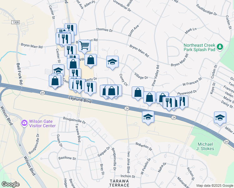 map of restaurants, bars, coffee shops, grocery stores, and more near 1911 Lejeune Boulevard in Jacksonville