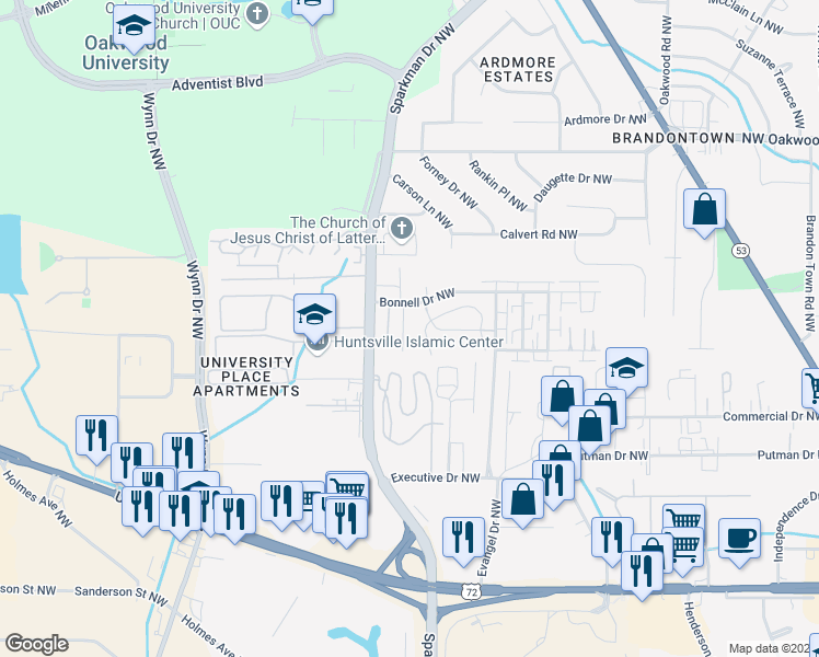 map of restaurants, bars, coffee shops, grocery stores, and more near 1506 Halston Circle Northwest in Huntsville