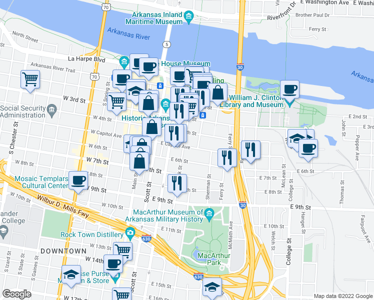 map of restaurants, bars, coffee shops, grocery stores, and more near 423 East Capitol Avenue in Little Rock