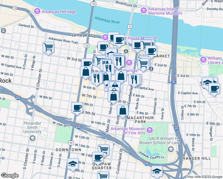 map of restaurants, bars, coffee shops, grocery stores, and more near 101 East Capitol Avenue in Little Rock