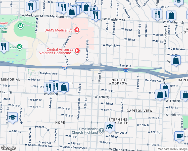 map of restaurants, bars, coffee shops, grocery stores, and more near 900 South Pine Street in Little Rock
