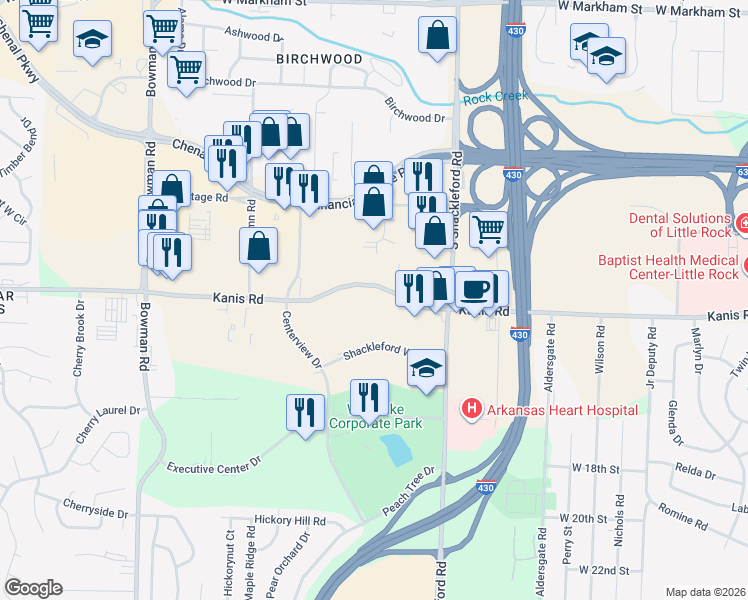 map of restaurants, bars, coffee shops, grocery stores, and more near 11103 Kanis Road in Little Rock