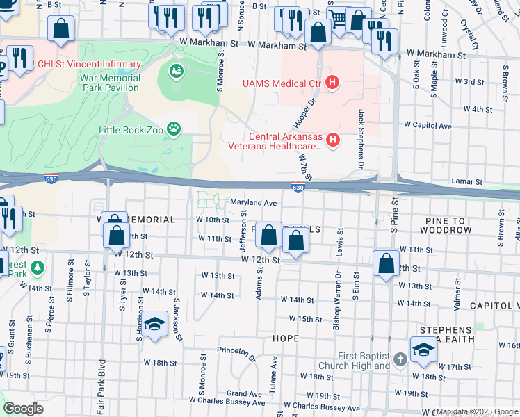 map of restaurants, bars, coffee shops, grocery stores, and more near 904 Adams Street in Little Rock