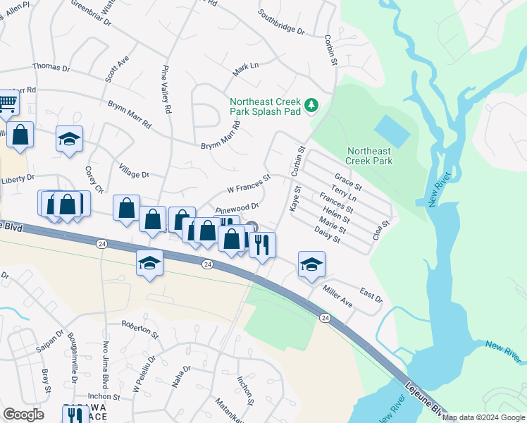 map of restaurants, bars, coffee shops, grocery stores, and more near 756 Pinewood Drive in Jacksonville