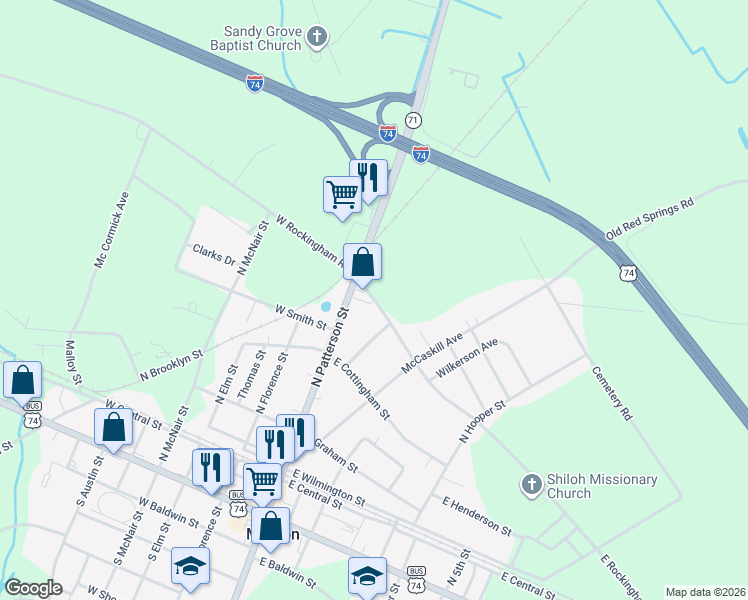 map of restaurants, bars, coffee shops, grocery stores, and more near 207 East Rockingham Road in Maxton