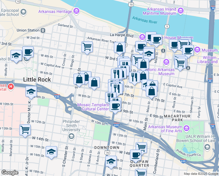 map of restaurants, bars, coffee shops, grocery stores, and more near 655 South Arch Street in Little Rock
