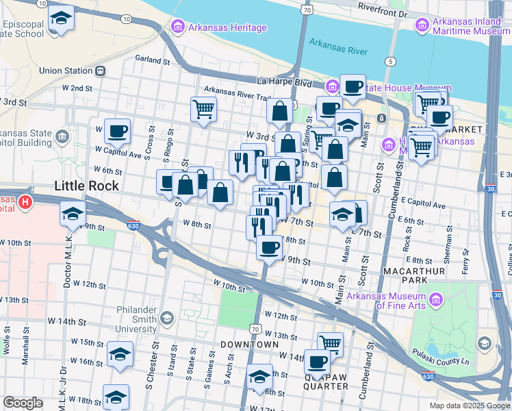 map of restaurants, bars, coffee shops, grocery stores, and more near 655 South Arch Street in Little Rock