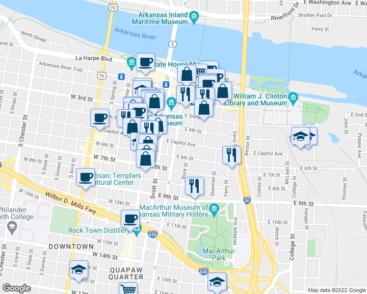 map of restaurants, bars, coffee shops, grocery stores, and more near 319 East Capitol Avenue in Little Rock