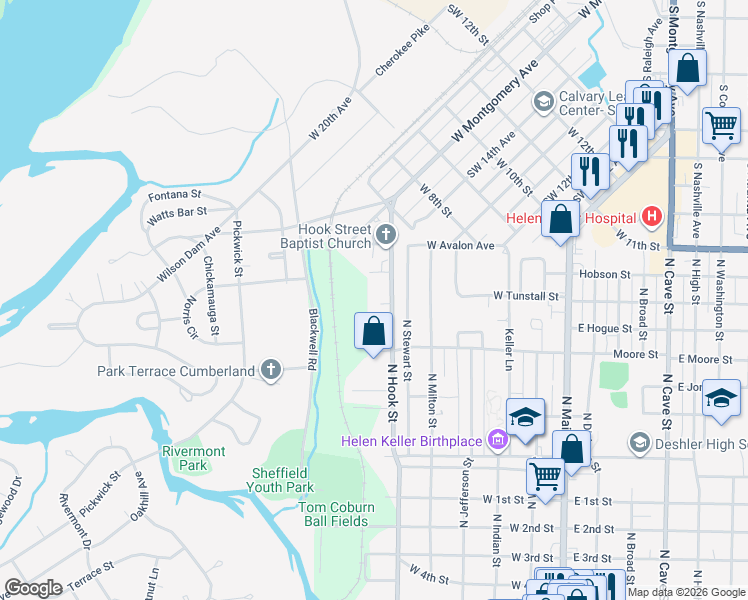 map of restaurants, bars, coffee shops, grocery stores, and more near 863-999 North Hook Street in Tuscumbia