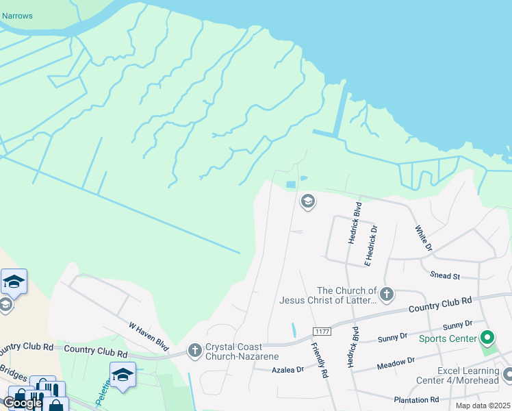 map of restaurants, bars, coffee shops, grocery stores, and more near 1009 Oak Drive in Morehead City