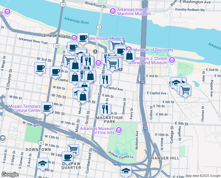 map of restaurants, bars, coffee shops, grocery stores, and more near 401 East Capitol Avenue in Little Rock