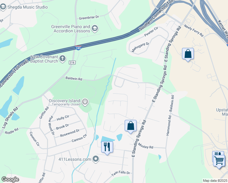 map of restaurants, bars, coffee shops, grocery stores, and more near 123 Eagleston Lane in Simpsonville
