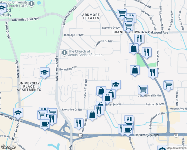 map of restaurants, bars, coffee shops, grocery stores, and more near 1504 Barrington Road Northwest in Huntsville