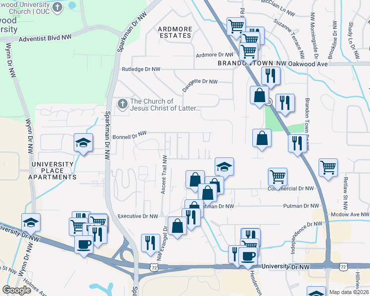 map of restaurants, bars, coffee shops, grocery stores, and more near 1500 Barrington Road Northwest in Huntsville