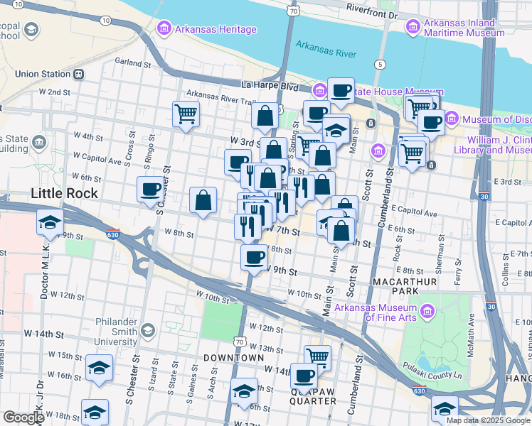 map of restaurants, bars, coffee shops, grocery stores, and more near 412 West 7th Street in Little Rock