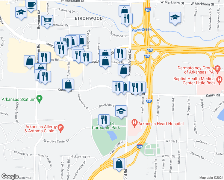map of restaurants, bars, coffee shops, grocery stores, and more near 10809 Kanis Road in Little Rock
