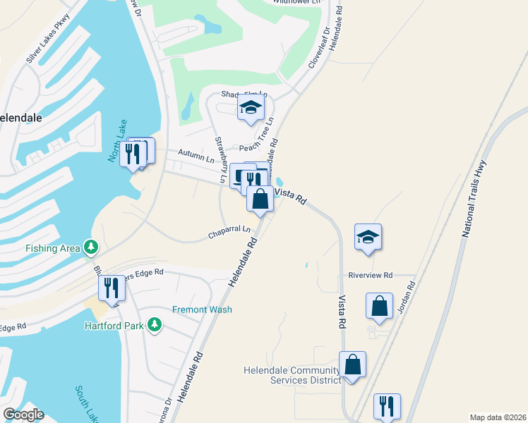 map of restaurants, bars, coffee shops, grocery stores, and more near 27061 Helendale Road in Helendale