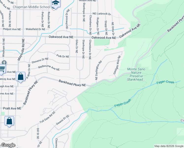 map of restaurants, bars, coffee shops, grocery stores, and more near 105 Darlington Road Northeast in Huntsville