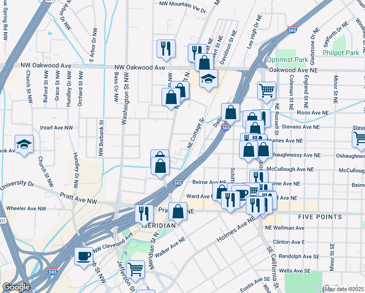map of restaurants, bars, coffee shops, grocery stores, and more near 909 Dallas Street Northeast in Huntsville