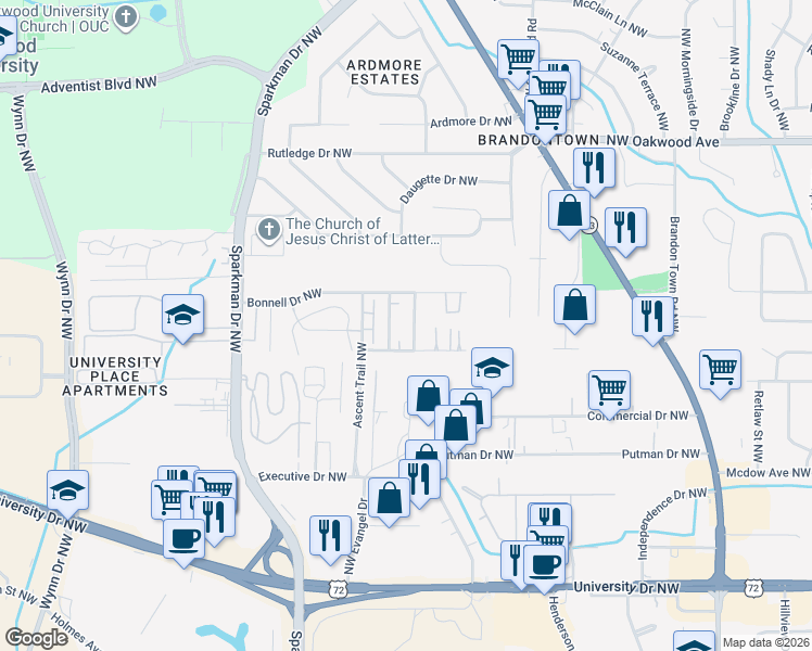 map of restaurants, bars, coffee shops, grocery stores, and more near 1500 Barrington Road Northwest in Huntsville