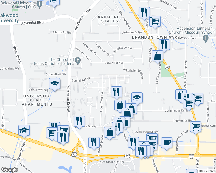 map of restaurants, bars, coffee shops, grocery stores, and more near 1500 Barrington Road Northwest in Huntsville