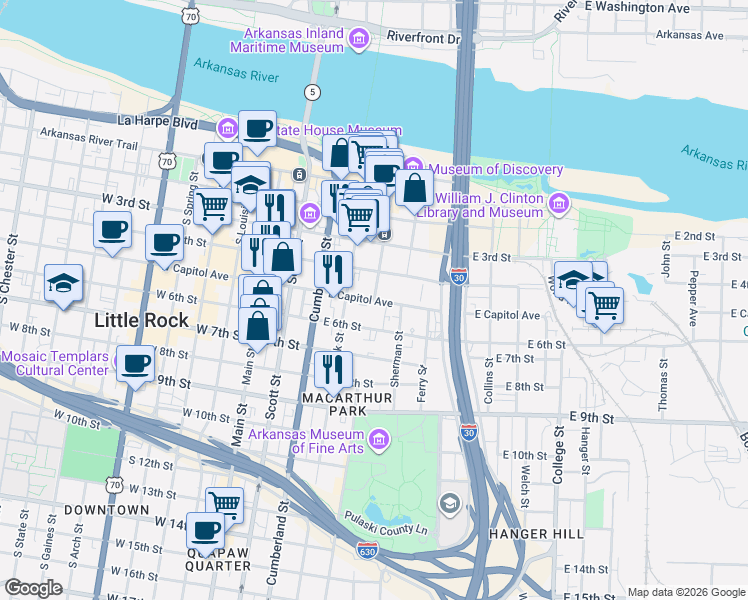 map of restaurants, bars, coffee shops, grocery stores, and more near 423 East Capitol Avenue in Little Rock