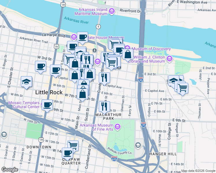 map of restaurants, bars, coffee shops, grocery stores, and more near 522 Rock Street in Little Rock