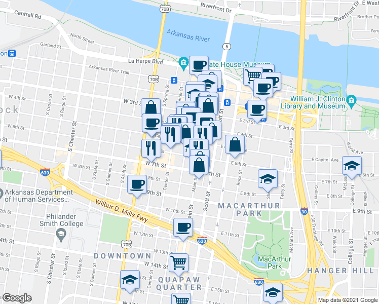 map of restaurants, bars, coffee shops, grocery stores, and more near 123 West 6th Street in Little Rock