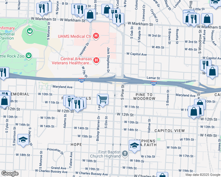 map of restaurants, bars, coffee shops, grocery stores, and more near 904 South Elm Street in Little Rock