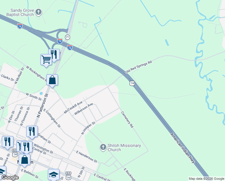 map of restaurants, bars, coffee shops, grocery stores, and more near 418-468 Cemetery Road in Maxton