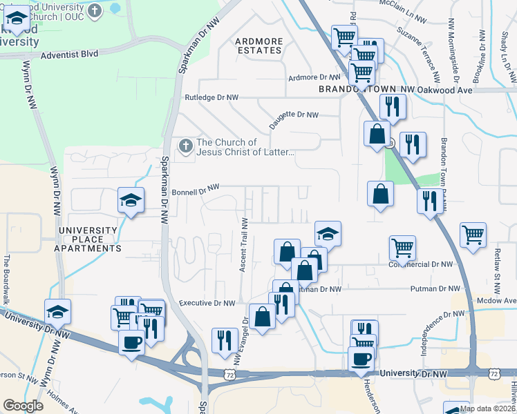 map of restaurants, bars, coffee shops, grocery stores, and more near 1500 Barrington Road Northwest in Huntsville