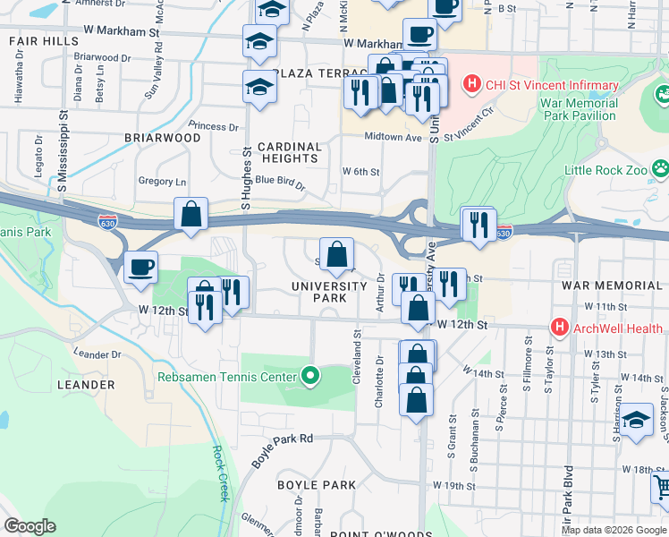 map of restaurants, bars, coffee shops, grocery stores, and more near 6400 Sherry Drive in Little Rock