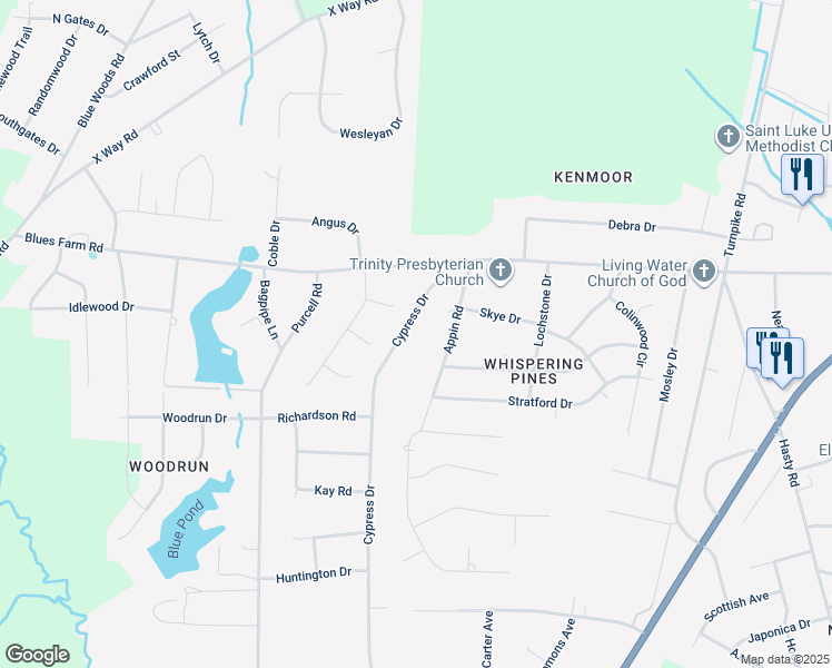 map of restaurants, bars, coffee shops, grocery stores, and more near 12461 Cypress Drive in Laurinburg
