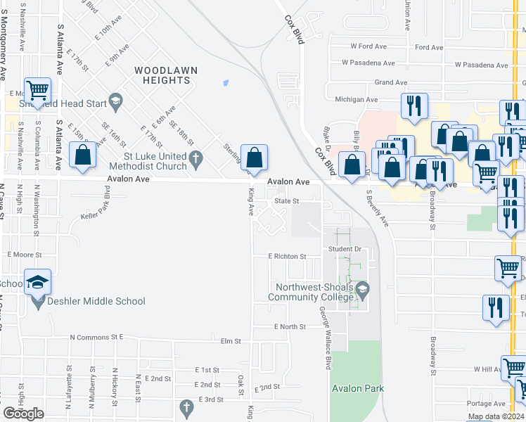 map of restaurants, bars, coffee shops, grocery stores, and more near 699 Helen Court 6 in Tuscumbia