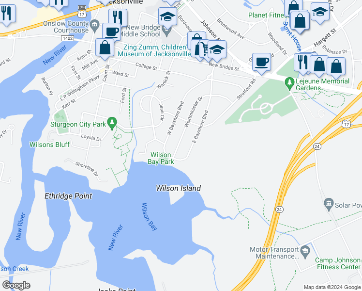 map of restaurants, bars, coffee shops, grocery stores, and more near 10 Westminister Drive in Jacksonville