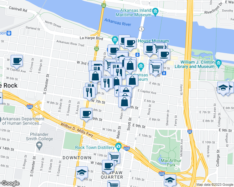 map of restaurants, bars, coffee shops, grocery stores, and more near 123 West 6th Street in Little Rock