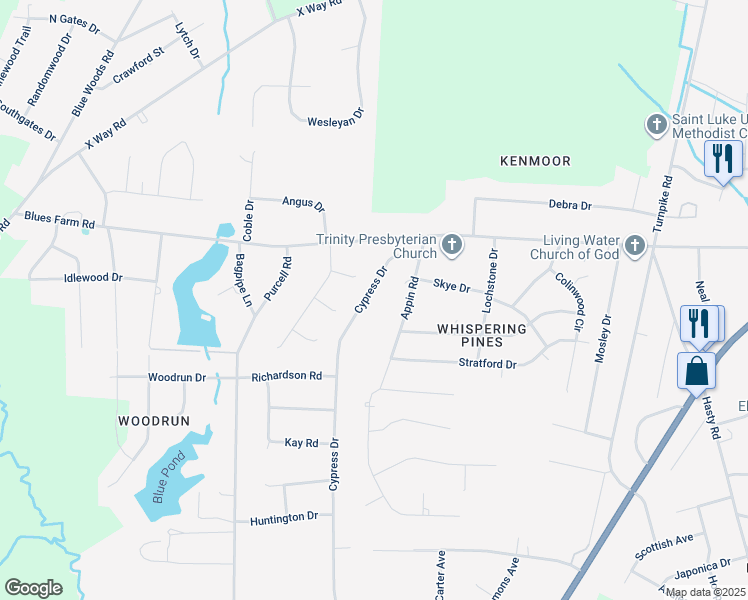 map of restaurants, bars, coffee shops, grocery stores, and more near 12461 Cypress Drive in Laurinburg