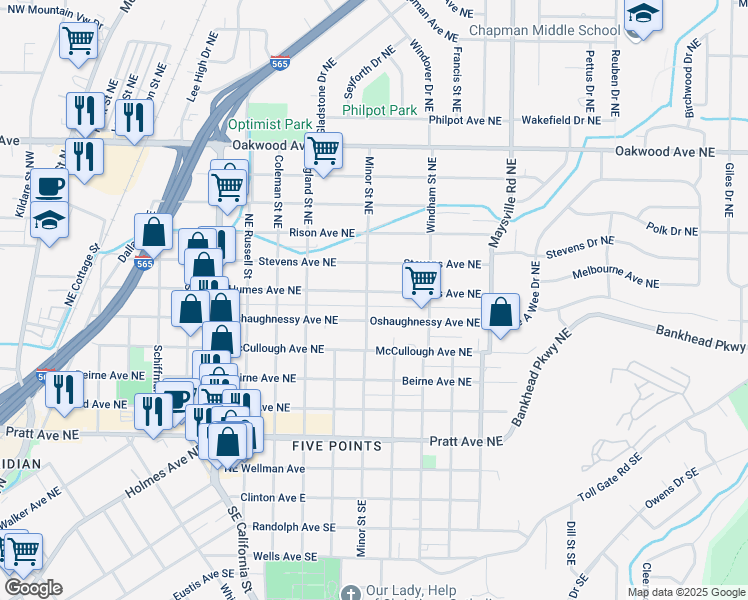 map of restaurants, bars, coffee shops, grocery stores, and more near 1313 Oshaughnessy Avenue Northeast in Huntsville