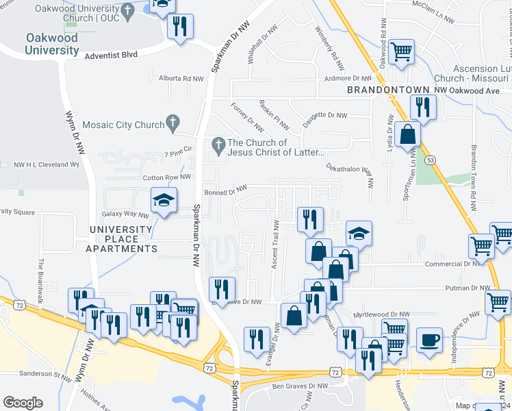map of restaurants, bars, coffee shops, grocery stores, and more near 1429 Bonnell Drive Northwest in Huntsville