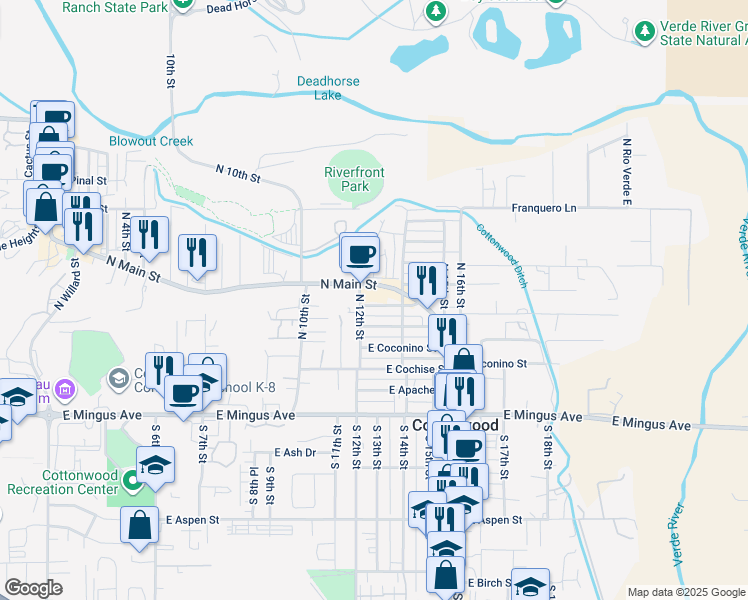 map of restaurants, bars, coffee shops, grocery stores, and more near 408-416 North 12th Street in Cottonwood
