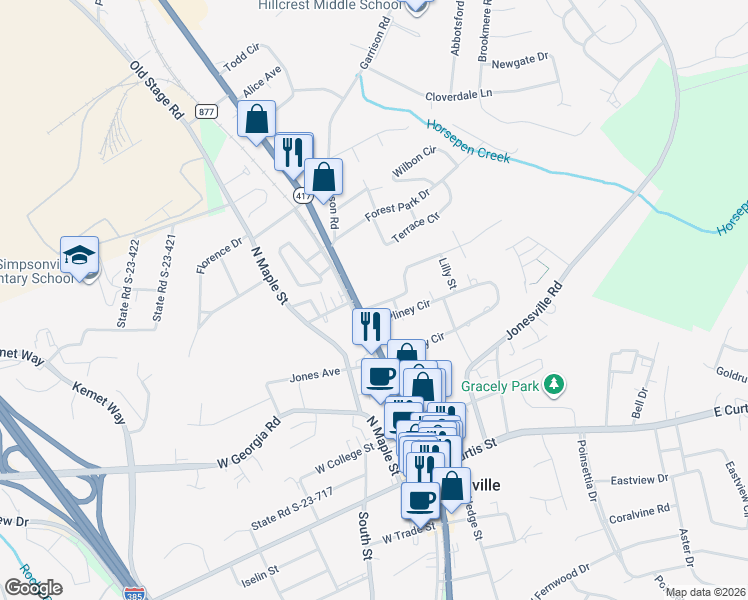 map of restaurants, bars, coffee shops, grocery stores, and more near 105 North Pliney Circle in Simpsonville