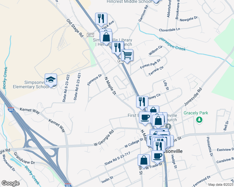 map of restaurants, bars, coffee shops, grocery stores, and more near 110a Rose Lane in Simpsonville
