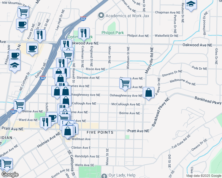 map of restaurants, bars, coffee shops, grocery stores, and more near 1313 Oshaughnessy Avenue Northeast in Huntsville