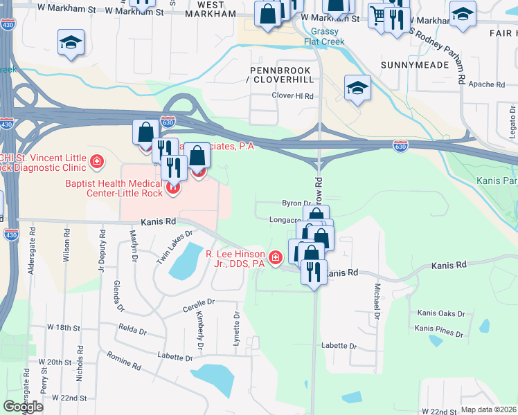 map of restaurants, bars, coffee shops, grocery stores, and more near 1112 Patton Place in Little Rock