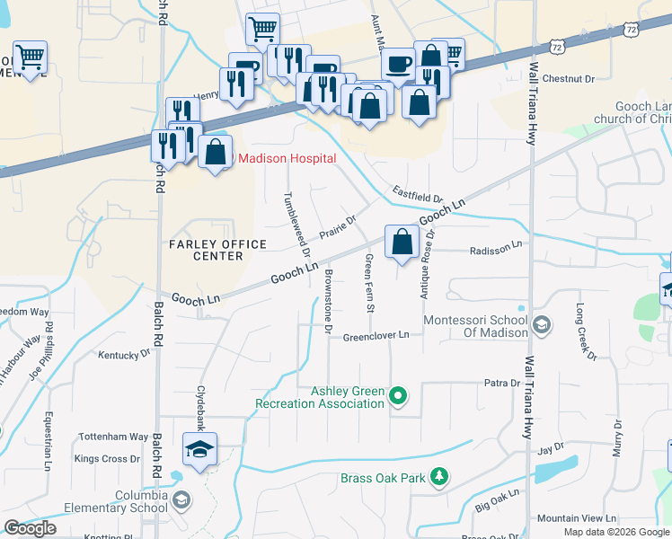 map of restaurants, bars, coffee shops, grocery stores, and more near 106 Brownstone Drive in Madison