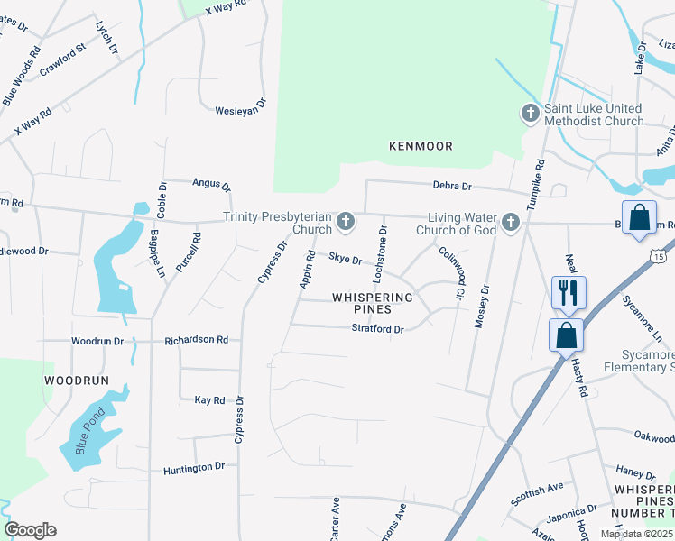 map of restaurants, bars, coffee shops, grocery stores, and more near 12740 Skye Drive in Laurinburg