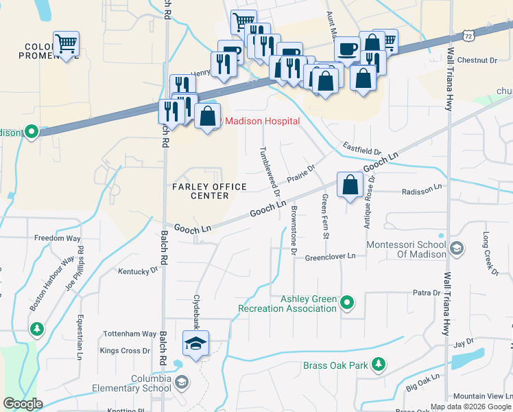 map of restaurants, bars, coffee shops, grocery stores, and more near 620 Gooch Lane in Madison
